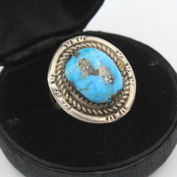 D WHITEGOAT MORENCI PYRITE TURQUOISE STERLING RING SZ 7 - Picture 4 of 10